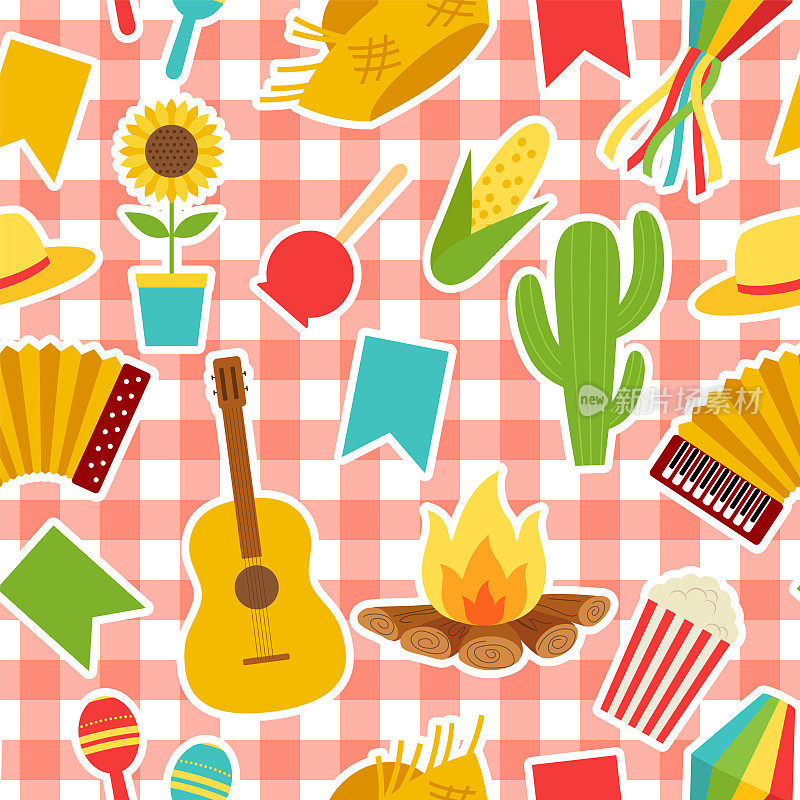 巴西六月派对。矢量插图Festa Junina。党旗和纸灯笼的符号，手风琴，篝火，吉他，玉米，帽子，沙球，无缝图案。